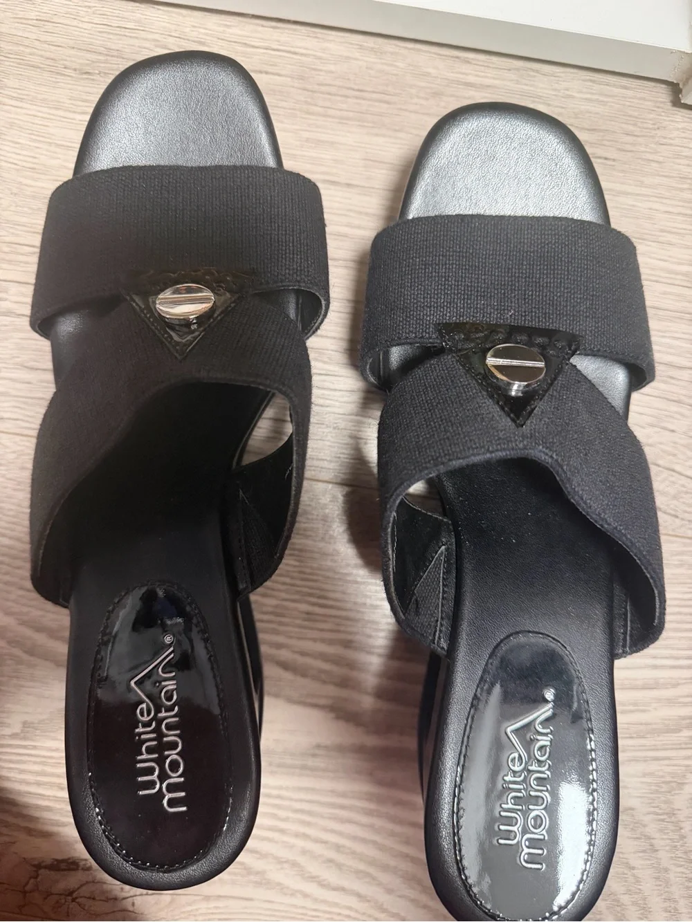 White Mountain Black Elastic-Strap Platform Wedges
